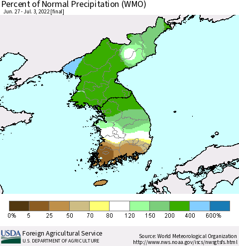 Korea Percent of Normal Precipitation (WMO) Thematic Map For 6/27/2022 - 7/3/2022
