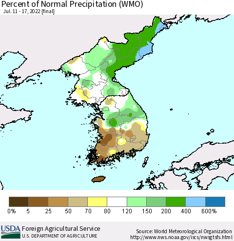 Korea Percent of Normal Precipitation (WMO) Thematic Map For 7/11/2022 - 7/17/2022