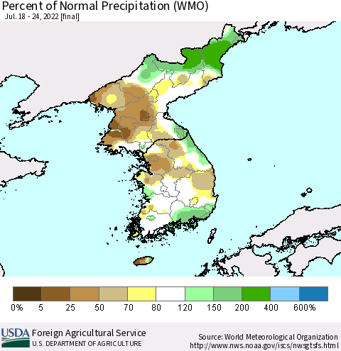 Korea Percent of Normal Precipitation (WMO) Thematic Map For 7/18/2022 - 7/24/2022