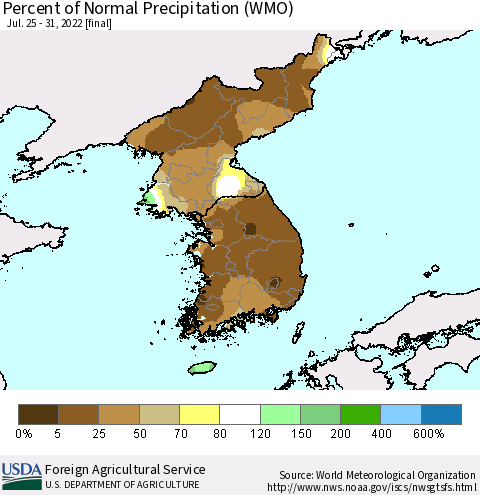 Korea Percent of Normal Precipitation (WMO) Thematic Map For 7/25/2022 - 7/31/2022