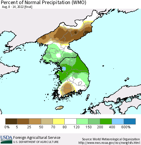 Korea Percent of Normal Precipitation (WMO) Thematic Map For 8/8/2022 - 8/14/2022