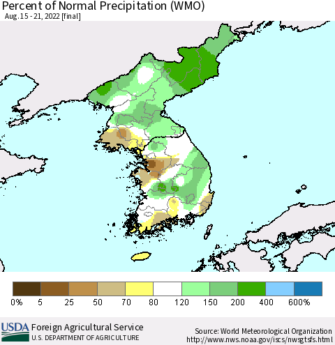 Korea Percent of Normal Precipitation (WMO) Thematic Map For 8/15/2022 - 8/21/2022