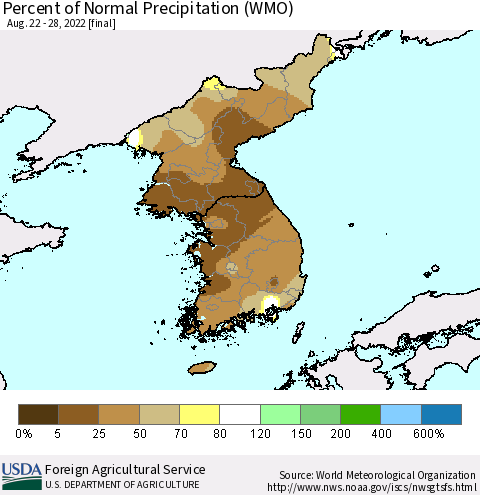 Korea Percent of Normal Precipitation (WMO) Thematic Map For 8/22/2022 - 8/28/2022