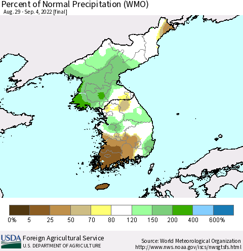 Korea Percent of Normal Precipitation (WMO) Thematic Map For 8/29/2022 - 9/4/2022