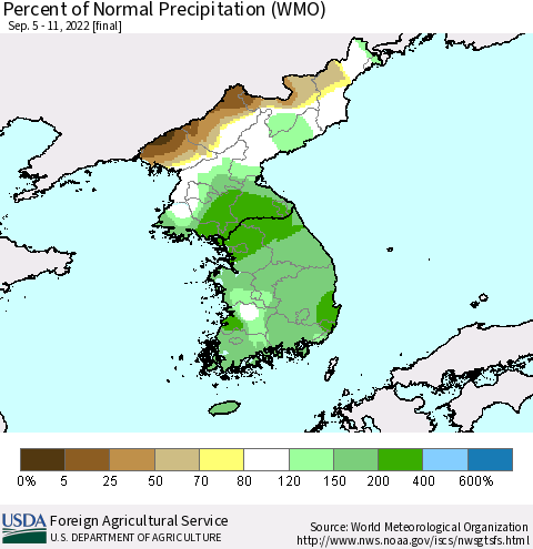 Korea Percent of Normal Precipitation (WMO) Thematic Map For 9/5/2022 - 9/11/2022