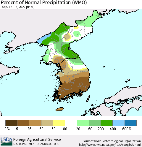 Korea Percent of Normal Precipitation (WMO) Thematic Map For 9/12/2022 - 9/18/2022