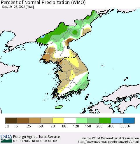 Korea Percent of Normal Precipitation (WMO) Thematic Map For 9/19/2022 - 9/25/2022
