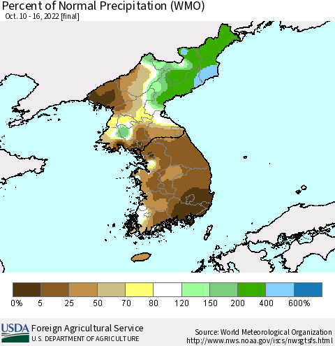 Korea Percent of Normal Precipitation (WMO) Thematic Map For 10/10/2022 - 10/16/2022