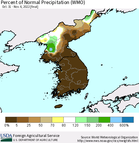 Korea Percent of Normal Precipitation (WMO) Thematic Map For 10/31/2022 - 11/6/2022