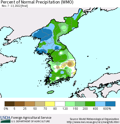 Korea Percent of Normal Precipitation (WMO) Thematic Map For 11/7/2022 - 11/13/2022