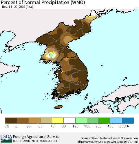 Korea Percent of Normal Precipitation (WMO) Thematic Map For 11/14/2022 - 11/20/2022