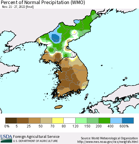 Korea Percent of Normal Precipitation (WMO) Thematic Map For 11/21/2022 - 11/27/2022