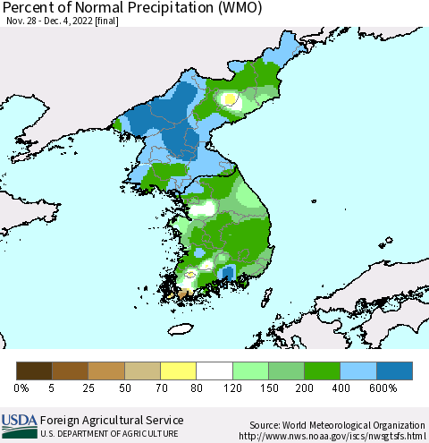 Korea Percent of Normal Precipitation (WMO) Thematic Map For 11/28/2022 - 12/4/2022