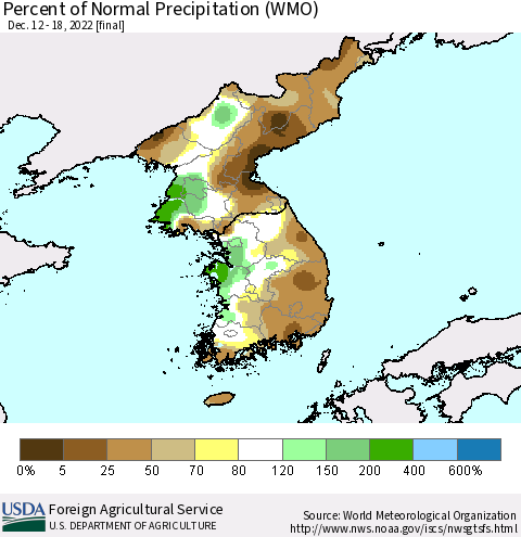 Korea Percent of Normal Precipitation (WMO) Thematic Map For 12/12/2022 - 12/18/2022