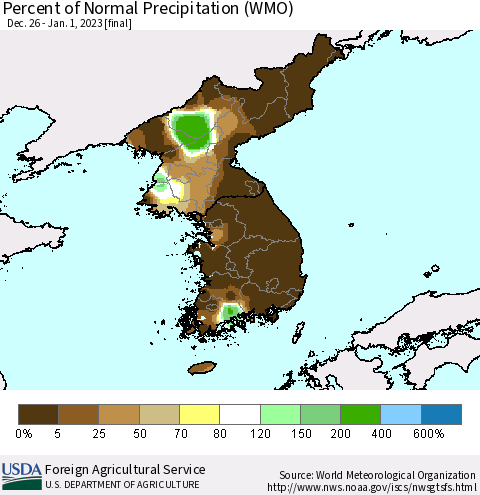 Korea Percent of Normal Precipitation (WMO) Thematic Map For 12/26/2022 - 1/1/2023