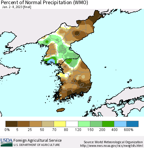 Korea Percent of Normal Precipitation (WMO) Thematic Map For 1/2/2023 - 1/8/2023