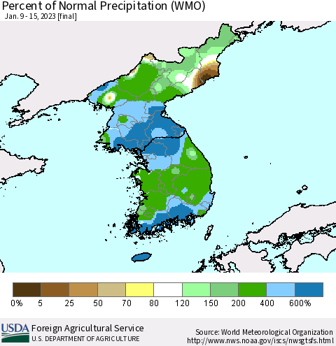 Korea Percent of Normal Precipitation (WMO) Thematic Map For 1/9/2023 - 1/15/2023