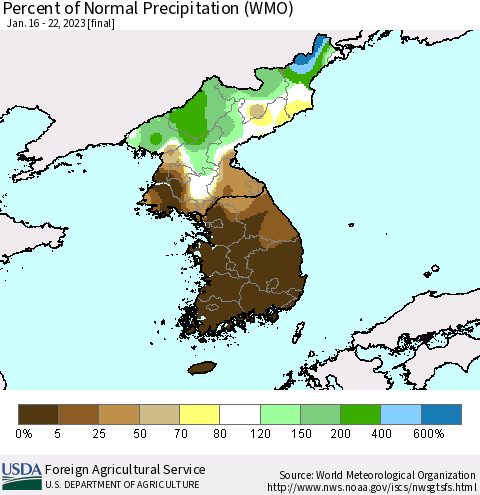 Korea Percent of Normal Precipitation (WMO) Thematic Map For 1/16/2023 - 1/22/2023
