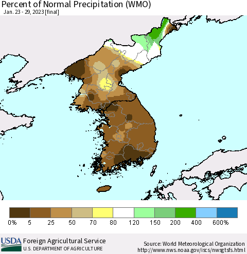 Korea Percent of Normal Precipitation (WMO) Thematic Map For 1/23/2023 - 1/29/2023