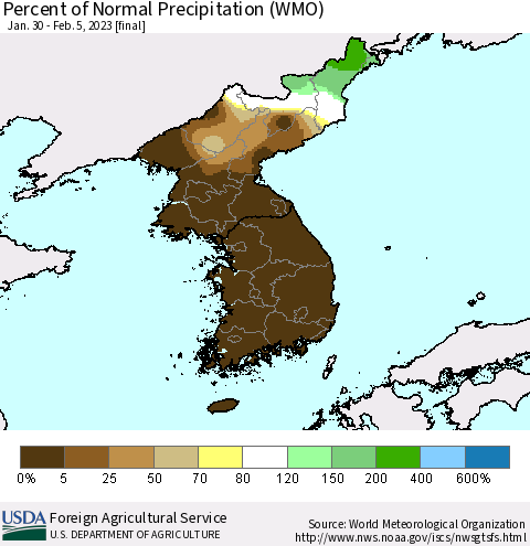 Korea Percent of Normal Precipitation (WMO) Thematic Map For 1/30/2023 - 2/5/2023
