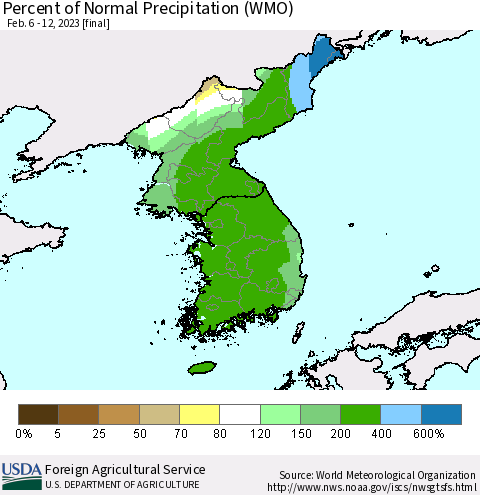 Korea Percent of Normal Precipitation (WMO) Thematic Map For 2/6/2023 - 2/12/2023