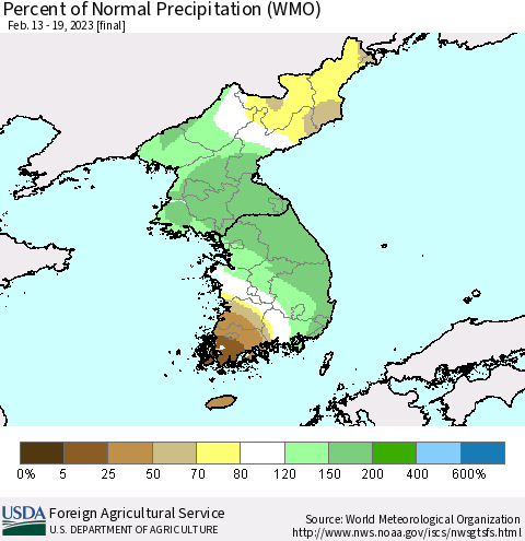 Korea Percent of Normal Precipitation (WMO) Thematic Map For 2/13/2023 - 2/19/2023