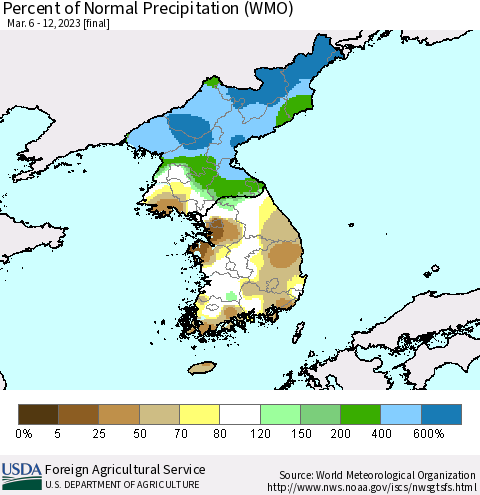 Korea Percent of Normal Precipitation (WMO) Thematic Map For 3/6/2023 - 3/12/2023