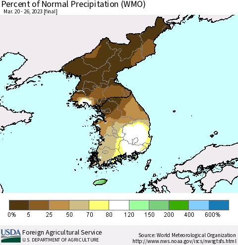 Korea Percent of Normal Precipitation (WMO) Thematic Map For 3/20/2023 - 3/26/2023