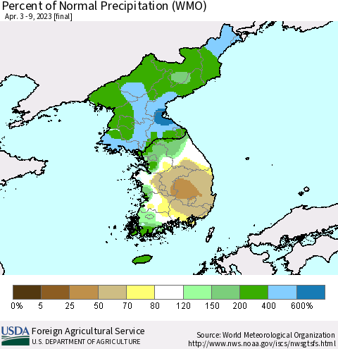 Korea Percent of Normal Precipitation (WMO) Thematic Map For 4/3/2023 - 4/9/2023