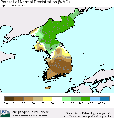Korea Percent of Normal Precipitation (WMO) Thematic Map For 4/10/2023 - 4/16/2023