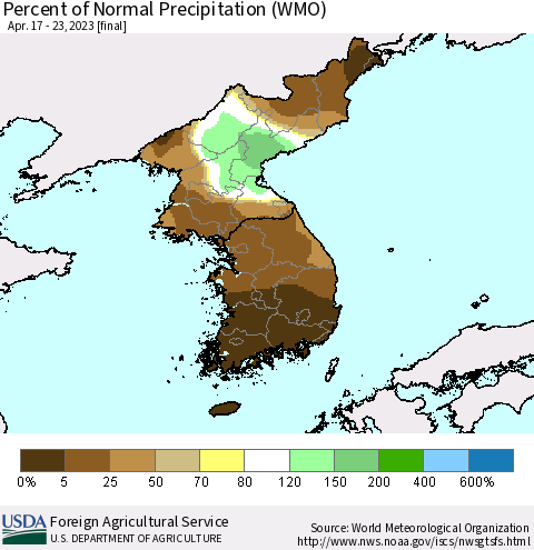 Korea Percent of Normal Precipitation (WMO) Thematic Map For 4/17/2023 - 4/23/2023