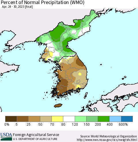 Korea Percent of Normal Precipitation (WMO) Thematic Map For 4/24/2023 - 4/30/2023
