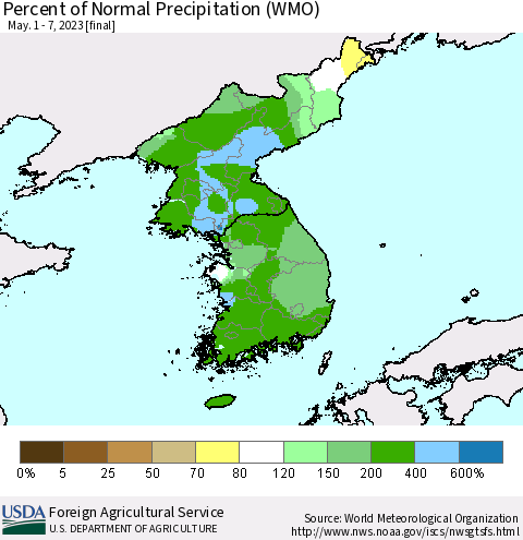 Korea Percent of Normal Precipitation (WMO) Thematic Map For 5/1/2023 - 5/7/2023