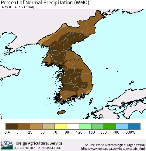 Korea Percent of Normal Precipitation (WMO) Thematic Map For 5/8/2023 - 5/14/2023