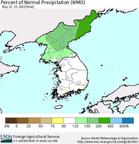 Korea Percent of Normal Precipitation (WMO) Thematic Map For 5/15/2023 - 5/21/2023
