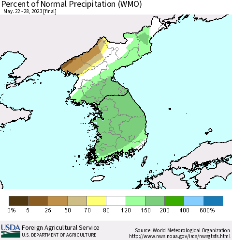 Korea Percent of Normal Precipitation (WMO) Thematic Map For 5/22/2023 - 5/28/2023