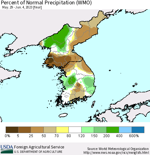 Korea Percent of Normal Precipitation (WMO) Thematic Map For 5/29/2023 - 6/4/2023