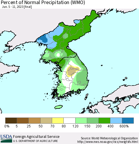 Korea Percent of Normal Precipitation (WMO) Thematic Map For 6/5/2023 - 6/11/2023
