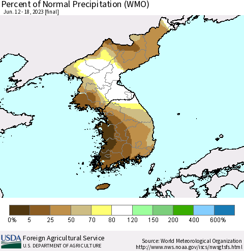 Korea Percent of Normal Precipitation (WMO) Thematic Map For 6/12/2023 - 6/18/2023