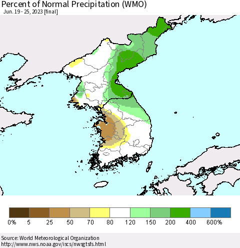 Korea Percent of Normal Precipitation (WMO) Thematic Map For 6/19/2023 - 6/25/2023