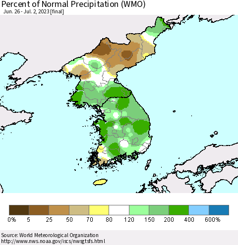 Korea Percent of Normal Precipitation (WMO) Thematic Map For 6/26/2023 - 7/2/2023