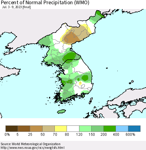 Korea Percent of Normal Precipitation (WMO) Thematic Map For 7/3/2023 - 7/9/2023