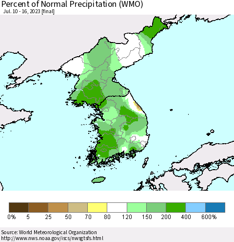 Korea Percent of Normal Precipitation (WMO) Thematic Map For 7/10/2023 - 7/16/2023