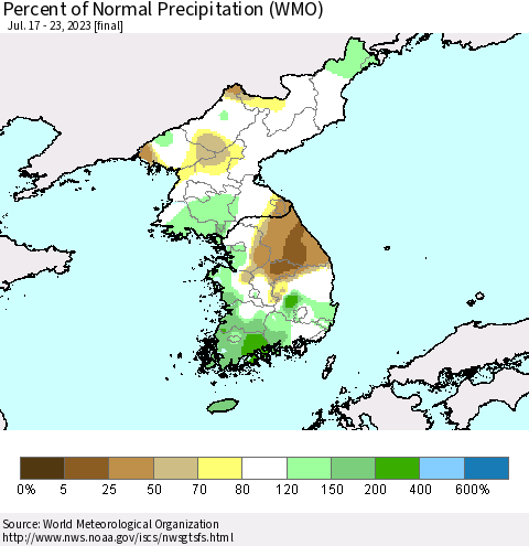 Korea Percent of Normal Precipitation (WMO) Thematic Map For 7/17/2023 - 7/23/2023