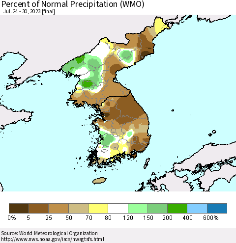 Korea Percent of Normal Precipitation (WMO) Thematic Map For 7/24/2023 - 7/30/2023