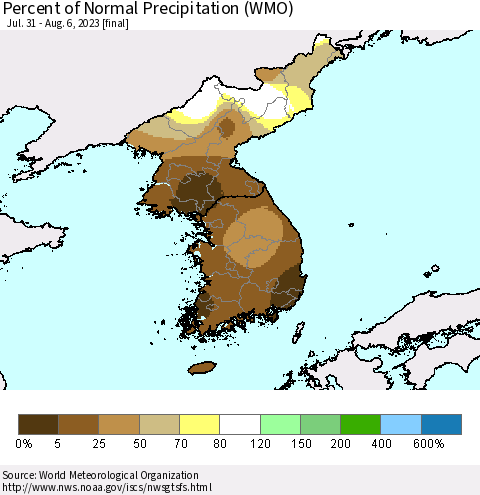 Korea Percent of Normal Precipitation (WMO) Thematic Map For 7/31/2023 - 8/6/2023