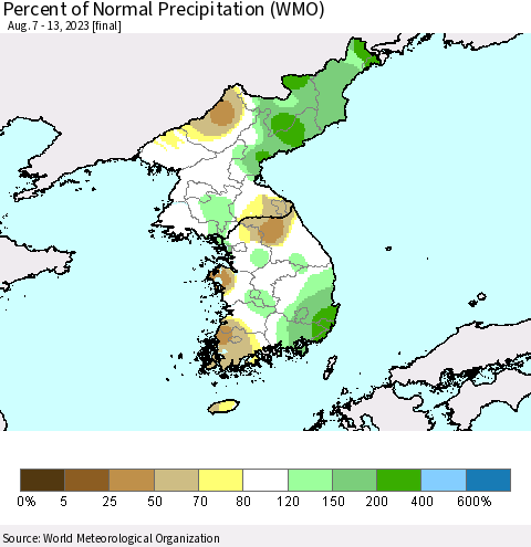Korea Percent of Normal Precipitation (WMO) Thematic Map For 8/7/2023 - 8/13/2023