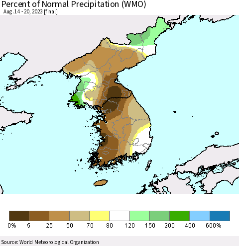 Korea Percent of Normal Precipitation (WMO) Thematic Map For 8/14/2023 - 8/20/2023