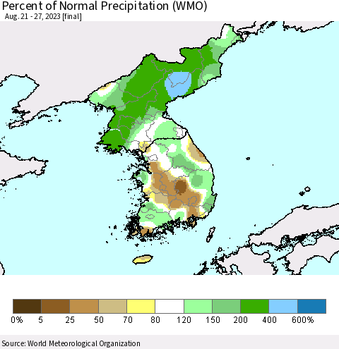 Korea Percent of Normal Precipitation (WMO) Thematic Map For 8/21/2023 - 8/27/2023