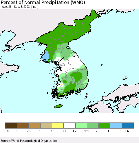 Korea Percent of Normal Precipitation (WMO) Thematic Map For 8/28/2023 - 9/3/2023